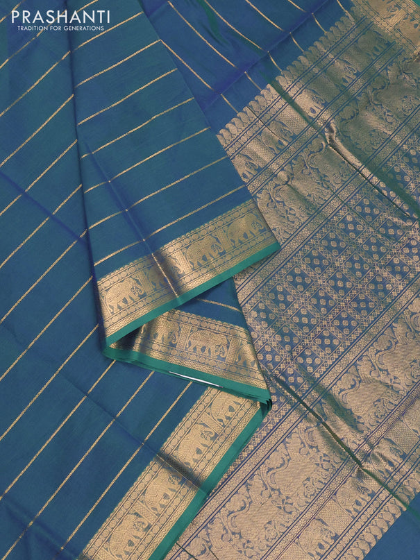 Kanchi cotton saree dual shade of bluish green with allover zari weaves and zari woven border