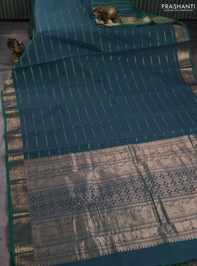 Kanchi cotton saree dual shade of bluish green with allover zari weaves and zari woven border