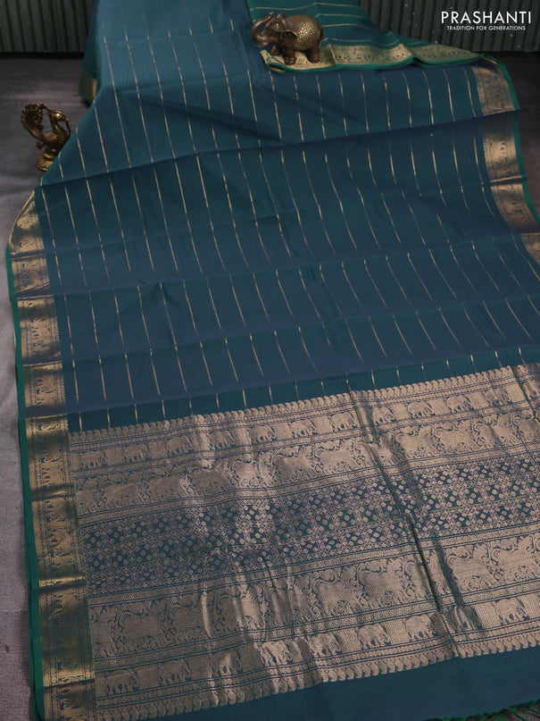 Kanchi cotton saree dual shade of bluish green with allover zari weaves and zari woven border