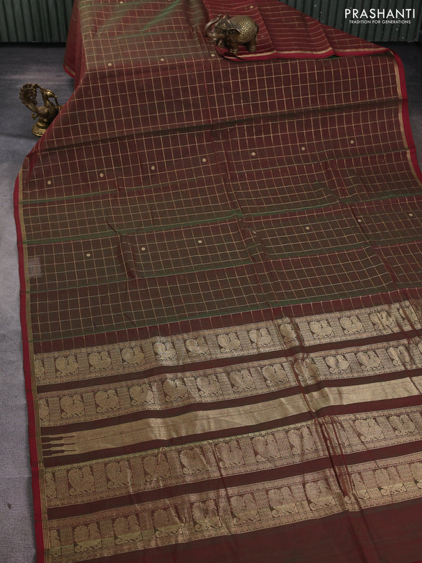 Kanchi cotton saree dual shade of greenish maroon and maroon with allover zari checks & buttas and zari woven piping border
