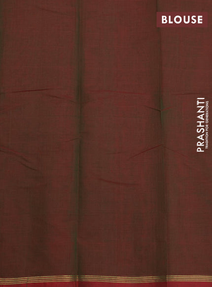 Kanchi cotton saree dual shade of greenish maroon and maroon with allover zari checks & buttas and zari woven piping border