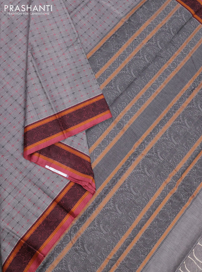 Kanchi cotton saree grey and pastel maroon with allover thread checked pattern and thread woven border
