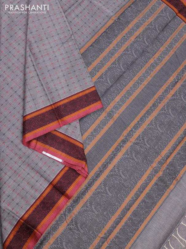 Kanchi cotton saree grey and pastel maroon with allover thread checked pattern and thread woven border