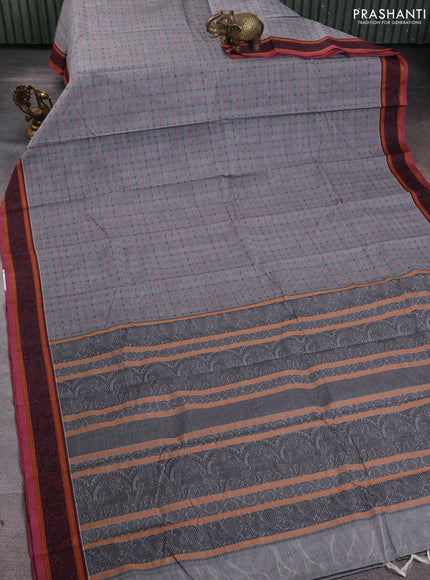 Kanchi cotton saree grey and pastel maroon with allover thread checked pattern and thread woven border