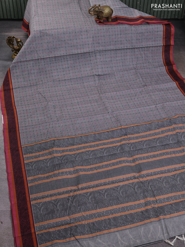 Kanchi cotton saree grey and pastel maroon with allover thread checked pattern and thread woven border