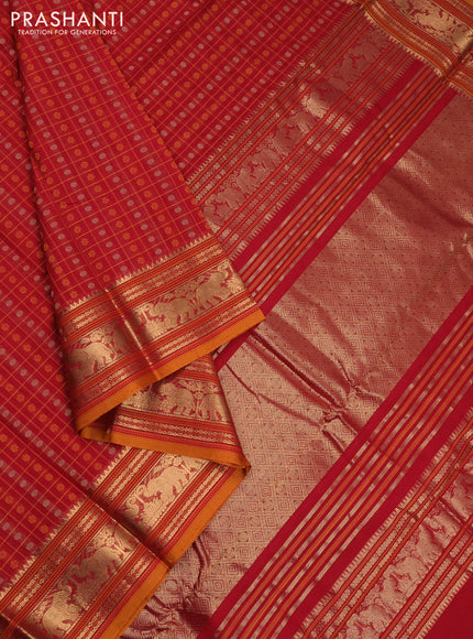 Kanchi cotton saree red and dark mustard with allover thread checks & 1000 buttas and elephant zari woven border