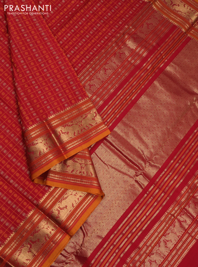 Kanchi cotton saree red and dark mustard with allover thread checks & 1000 buttas and elephant zari woven border