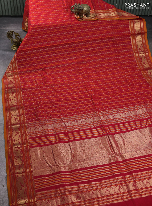 Kanchi cotton saree red and dark mustard with allover thread checks & 1000 buttas and elephant zari woven border