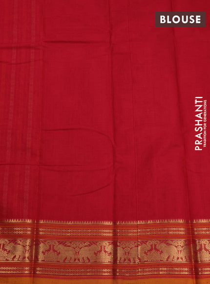 Kanchi cotton saree red and dark mustard with allover thread checks & 1000 buttas and elephant zari woven border