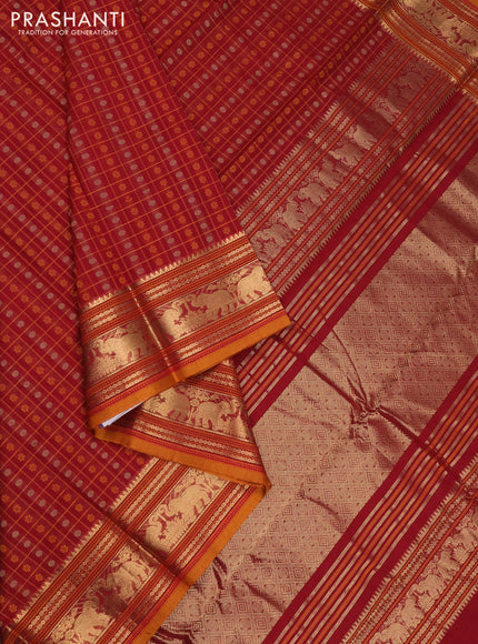 Kanchi cotton saree maroon and dark mustard with allover thread checks & 1000 buttas and elephant zari woven border