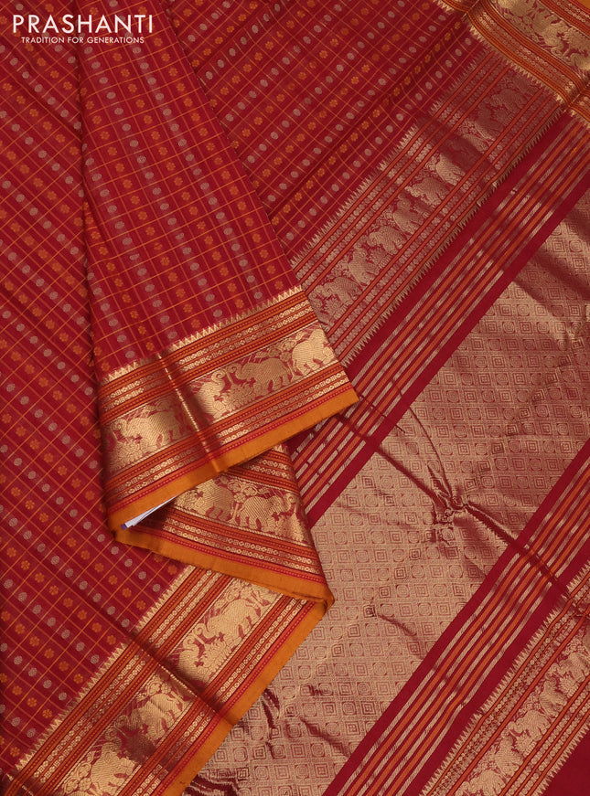 Kanchi cotton saree maroon and dark mustard with allover thread checks & 1000 buttas and elephant zari woven border