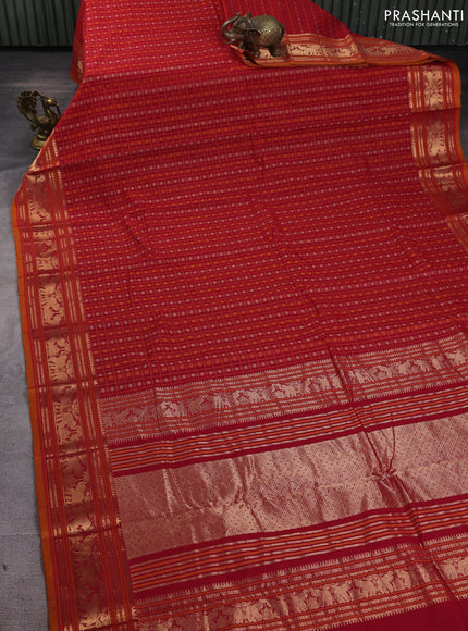 Kanchi cotton saree maroon and dark mustard with allover thread checks & 1000 buttas and elephant zari woven border