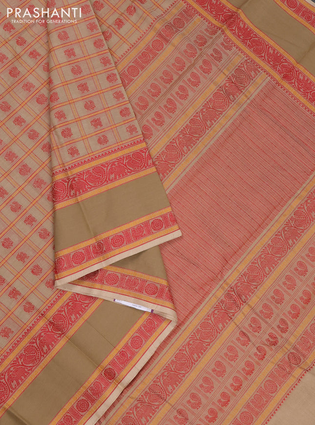 Kanchi cotton saree beige with allover thread checks & buttas and rettapet thread woven border