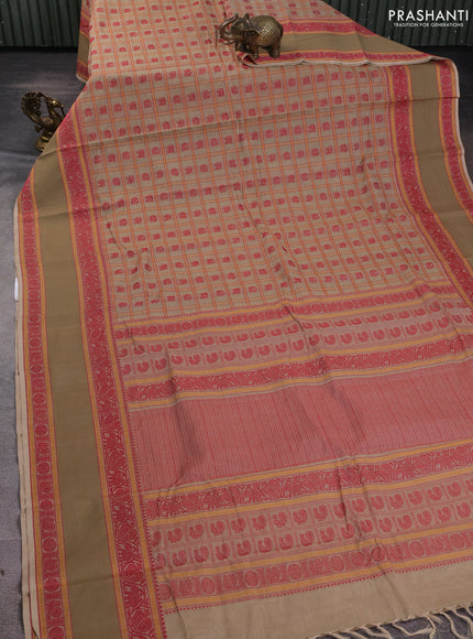 Kanchi cotton saree beige with allover thread checks & buttas and rettapet thread woven border