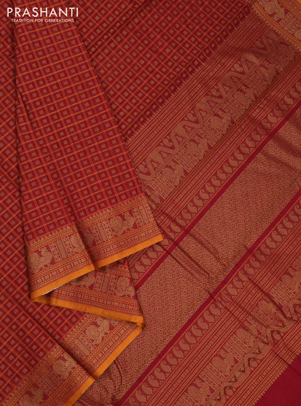 Kanchi cotton saree red and dark mustard with allover thread checks & 1000 buttas and annam thread woven border