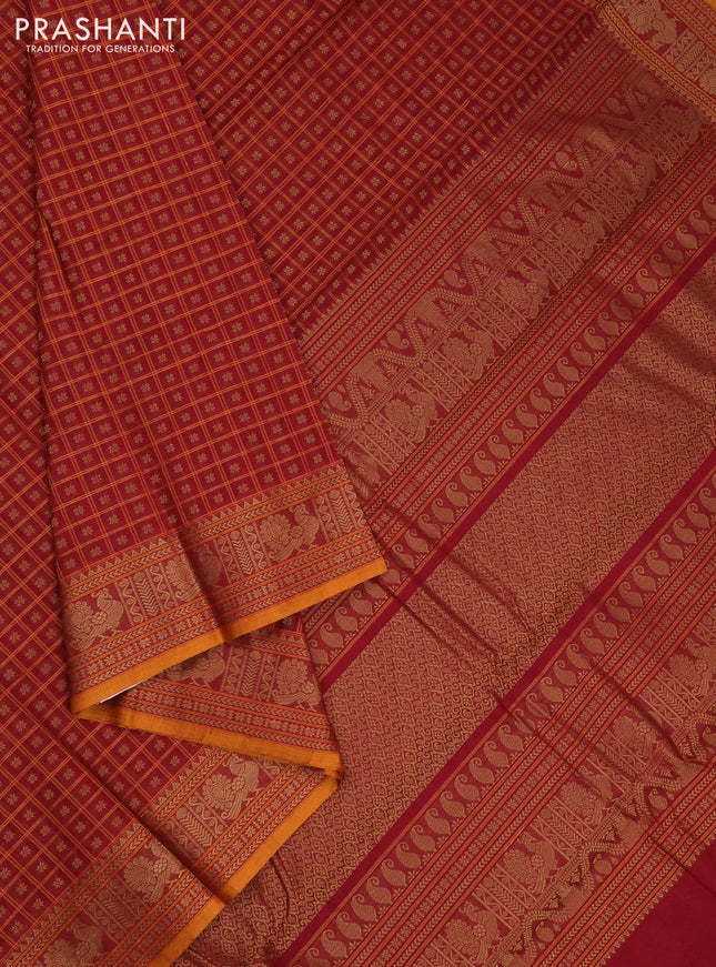 Kanchi cotton saree red and dark mustard with allover thread checks & 1000 buttas and annam thread woven border