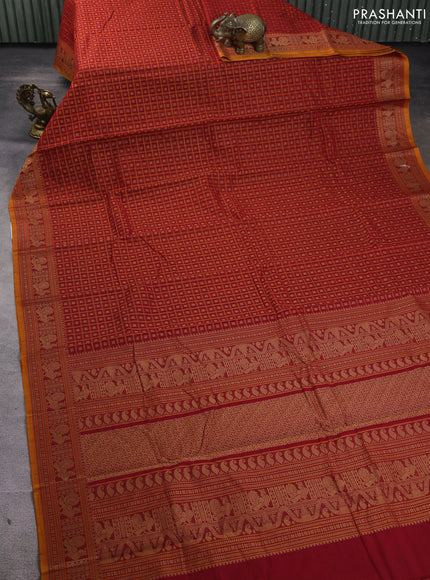 Kanchi cotton saree red and dark mustard with allover thread checks & 1000 buttas and annam thread woven border