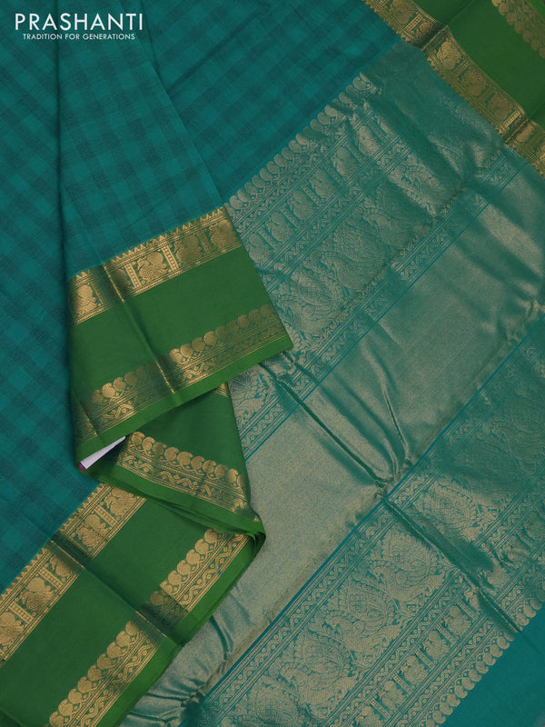 Kanchi cotton saree teal green and light green with allover thread checked pattern and rettapet zari woven border