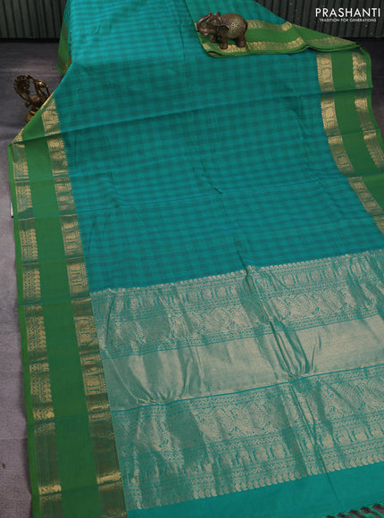 Kanchi cotton saree teal green and light green with allover thread checked pattern and rettapet zari woven border