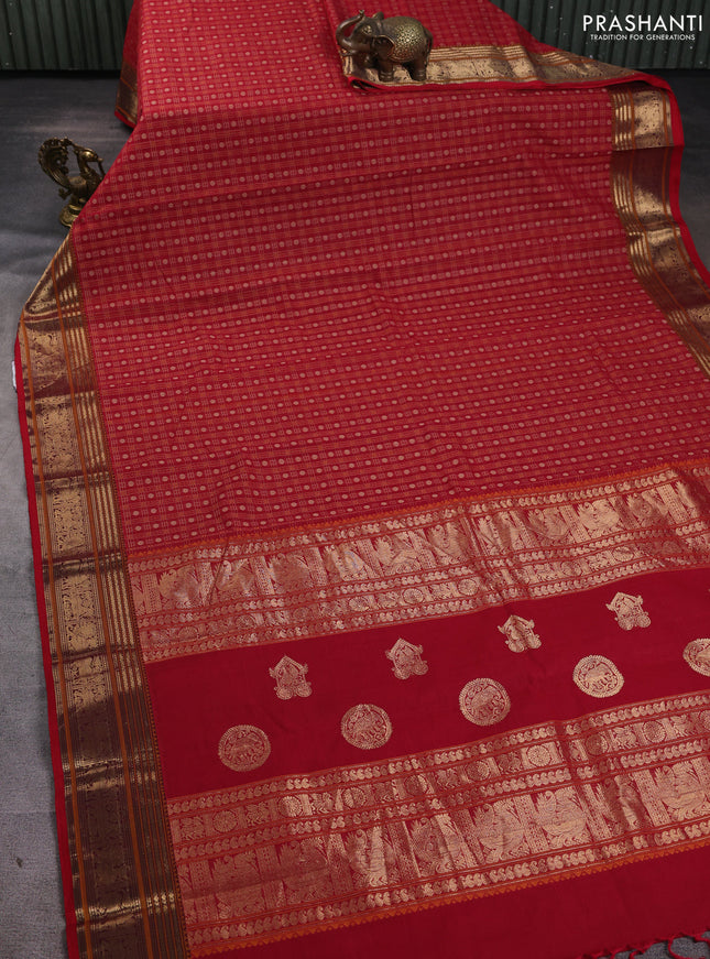 Kanchi cotton saree red with zari woven buttas and zari woven border