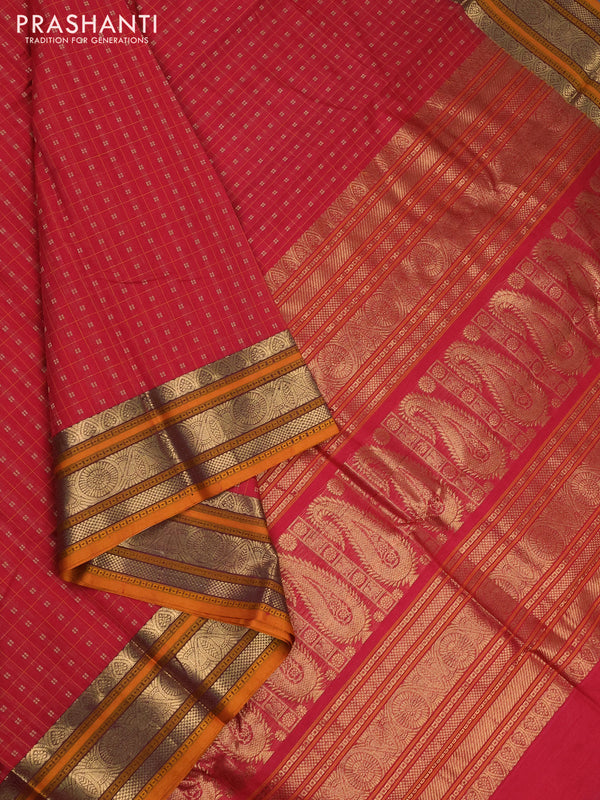 Kanchi cotton saree pink and dark mustard with allover lakshadeepam pattern and zari woven border