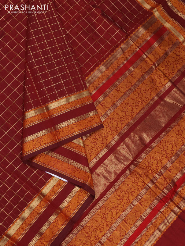 Kanchi cotton saree maroon with allover zari woven checked pattern and rettapet zari woven border