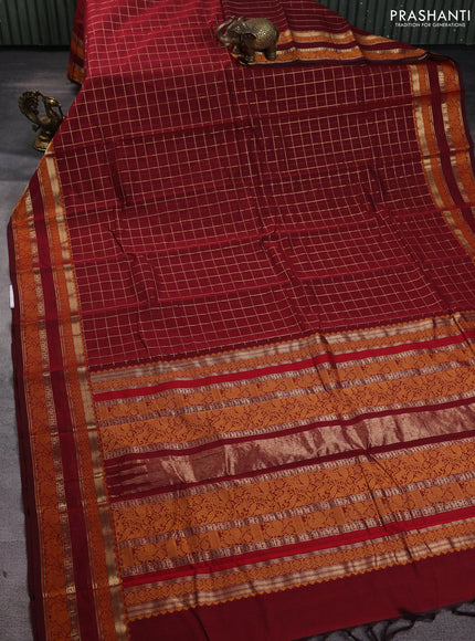 Kanchi cotton saree maroon with allover zari woven checked pattern and rettapet zari woven border