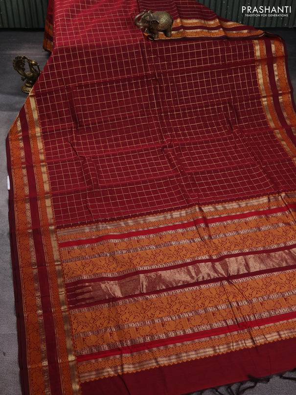 Kanchi cotton saree maroon with allover zari woven checked pattern and rettapet zari woven border
