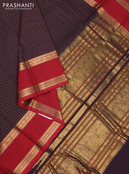 Kanchi cotton saree jamun shade and maroon with allover zari checks & buttas and rettapet zari woven border