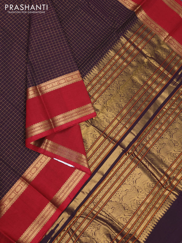 Kanchi cotton saree jamun shade and maroon with allover zari checks & buttas and rettapet zari woven border