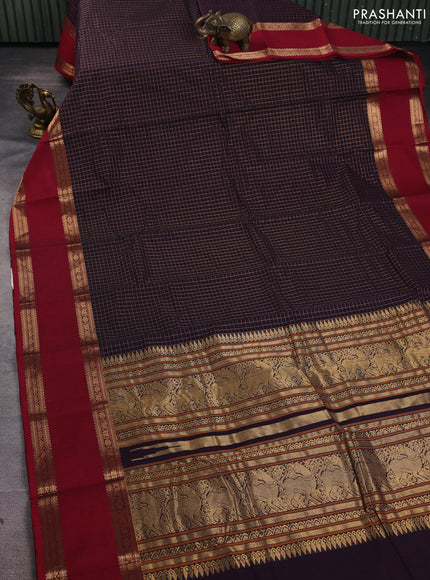Kanchi cotton saree jamun shade and maroon with allover zari checks & buttas and rettapet zari woven border