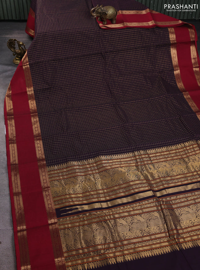 Kanchi cotton saree jamun shade and maroon with allover zari checks & buttas and rettapet zari woven border