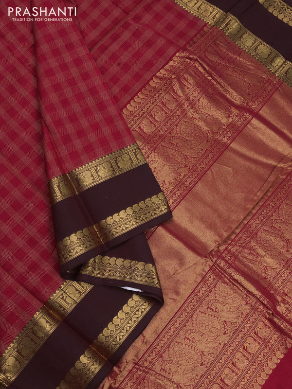 Kanchi cotton saree dark pink and deep maroon with allover thread checked pattern and rettapet zari woven border