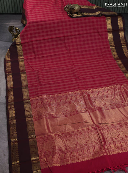 Kanchi cotton saree dark pink and deep maroon with allover thread checked pattern and rettapet zari woven border
