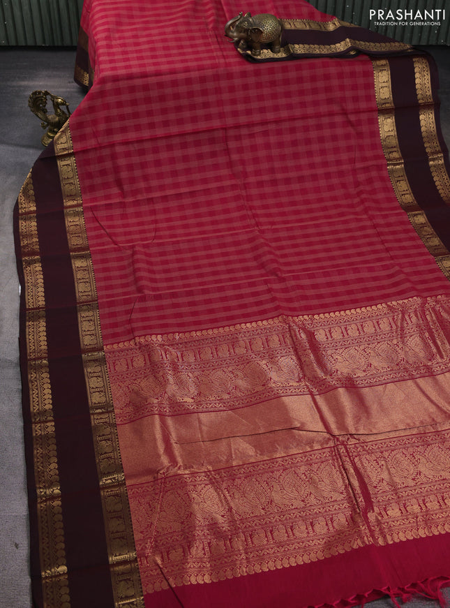 Kanchi cotton saree dark pink and deep maroon with allover thread checked pattern and rettapet zari woven border
