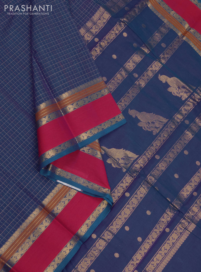 Kanchi cotton saree blue shade and pink with allover thread ckecks & buttas and rettapet zari woven border