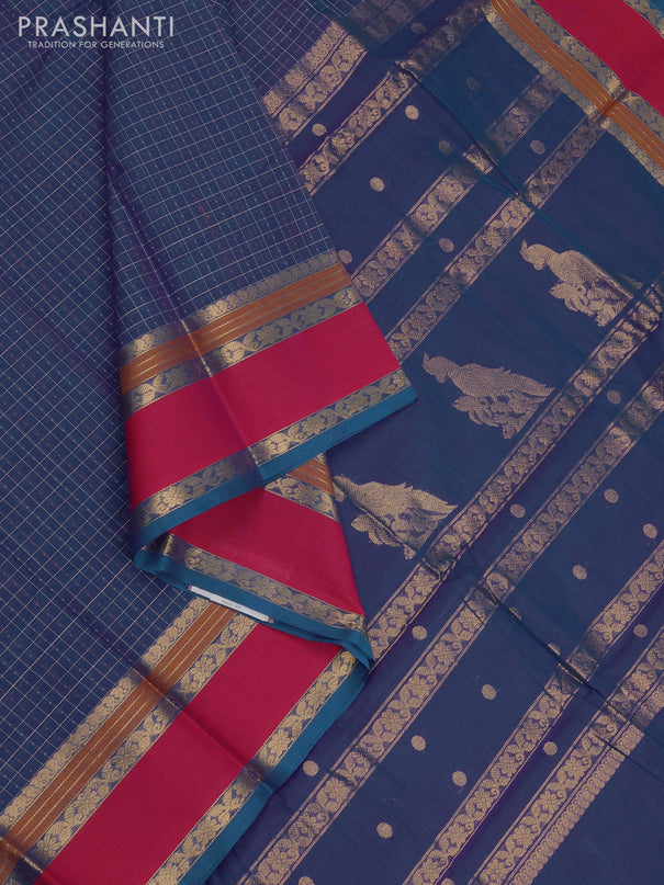 Kanchi cotton saree blue shade and pink with allover thread ckecks & buttas and rettapet zari woven border