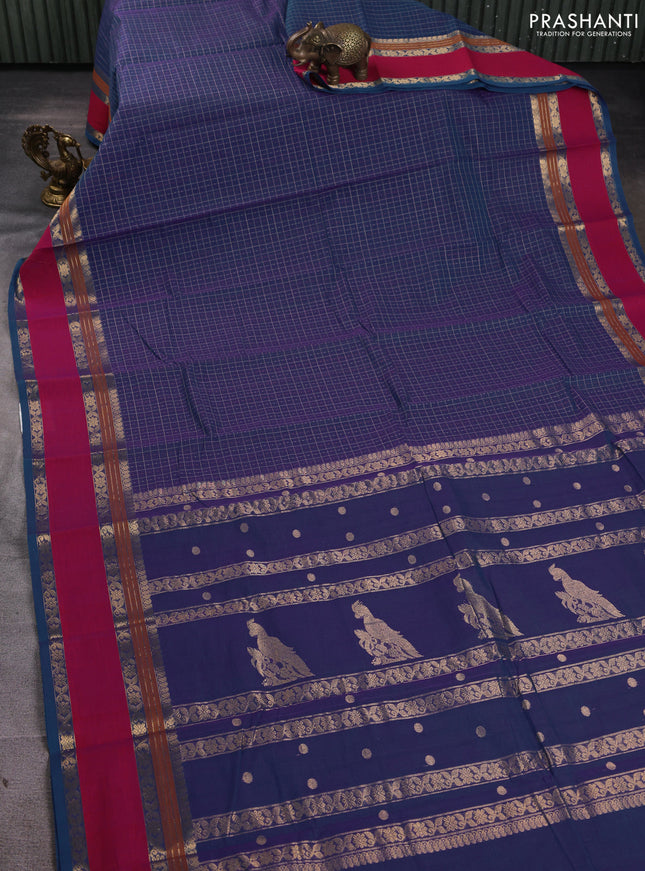Kanchi cotton saree blue shade and pink with allover thread ckecks & buttas and rettapet zari woven border