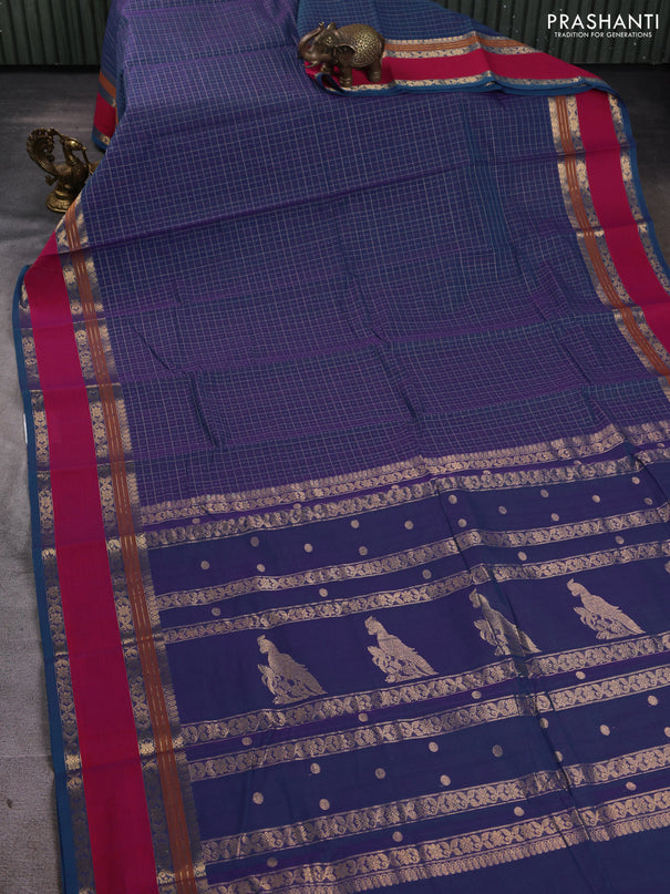Kanchi cotton saree blue shade and pink with allover thread ckecks & buttas and rettapet zari woven border