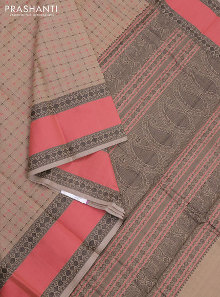 Kanchi cotton saree beige and pink with allover thread checked pattern and rettapet thread woven border