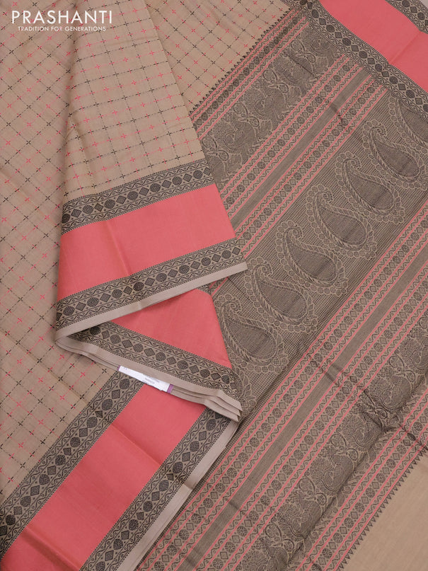 Kanchi cotton saree beige and pink with allover thread checked pattern and rettapet thread woven border