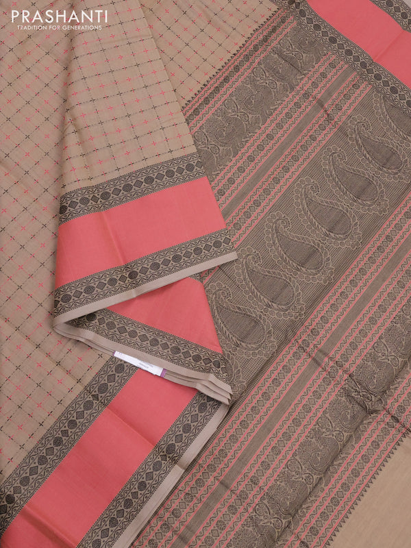Kanchi cotton saree beige and pink with allover thread checked pattern and rettapet thread woven border