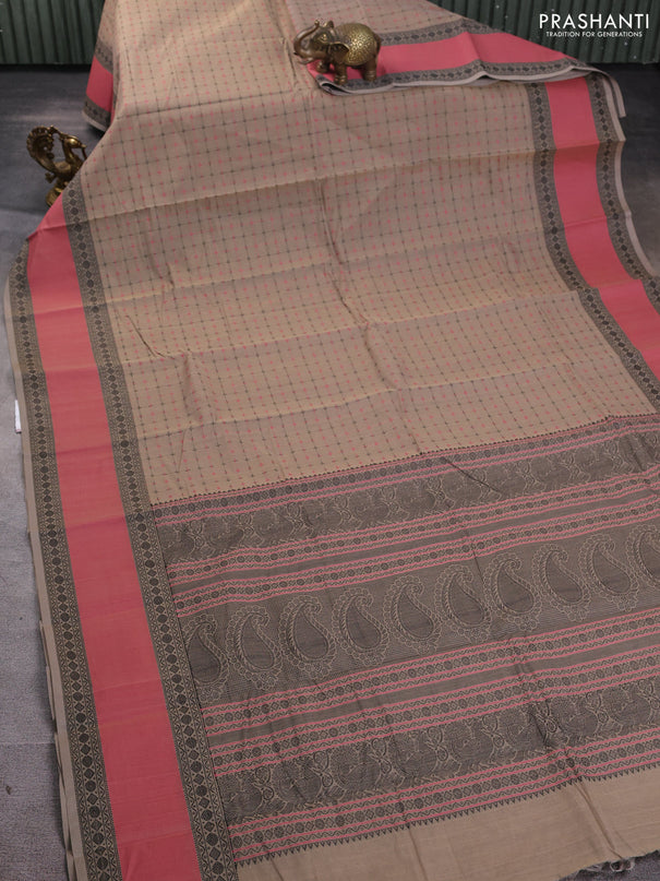 Kanchi cotton saree beige and pink with allover thread checked pattern and rettapet thread woven border