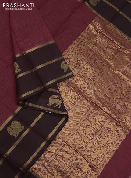 Kanchi cotton saree maroon and coffee brown with allover thread checked pattern and long zari woven butta border