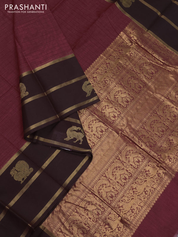 Kanchi cotton saree maroon and coffee brown with allover thread checked pattern and long zari woven butta border