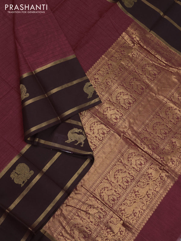 Kanchi cotton saree maroon and coffee brown with allover thread checked pattern and long zari woven butta border