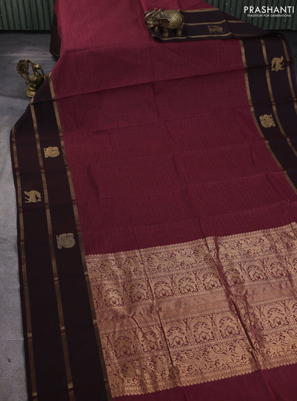 Kanchi cotton saree maroon and coffee brown with allover thread checked pattern and long zari woven butta border
