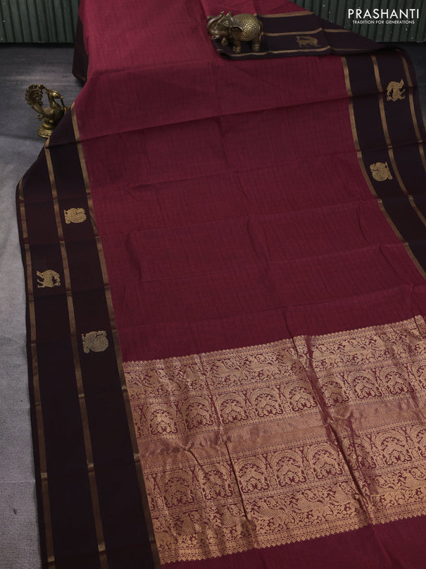 Kanchi cotton saree maroon and coffee brown with allover thread checked pattern and long zari woven butta border