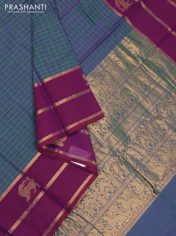 Kanchi cotton saree dual shade of green and purple with allover thread checked pattern and long zari woven butta border