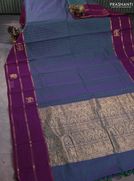 Kanchi cotton saree dual shade of green and purple with allover thread checked pattern and long zari woven butta border